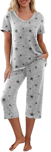 PrinStory Pyjamasset för kvinnor, sovkläder, lounge-kläder, kortärmad t-shirt, capribyxor, med fickor