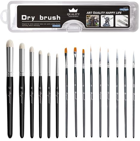 GREATRICH Dry Brush Modellborstar, set med 15 akrylmålarpenslar: 9 tunna borstar för detaljer + 6 torrborste för effekter, perfekt för Warhammer 40k, modeller och miniatyrer