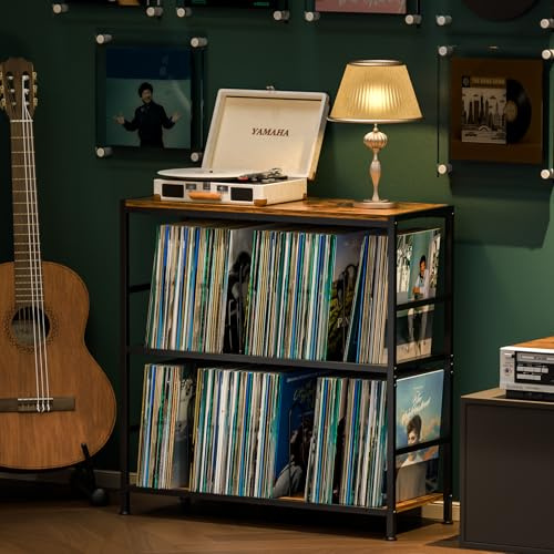Sonyabecca Record Player Stand with 4 Adjustable Dividers, Vinyl Record Storage Up to 350 Albums, 3-Tier Vinyl Storage Holder with Open Wooden Desktop for Living Room, Bedroom