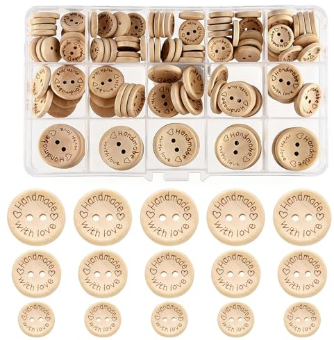 150Pcs Wooden Buttons, Handmade Button for Cardigans Knitting Crafting Handmade with Love, 15/20/25 mm Natural Handmade Craft Buttons for DIY Sewing Decoration