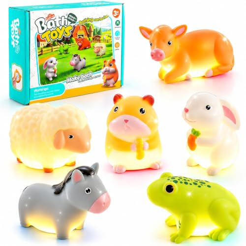Lot de 6 jouets de bain lumineux pour bébé de la ferme - Jouet d'eau LED flottant - Changement de couleur - Pas de moule