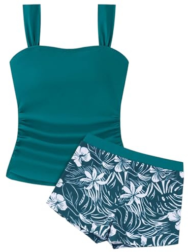 2026 Traje De Baño Tankini para Niña Top con Tirantes Anchos Y Shorts con Estampado De Palmeras Transpirable Cómodo Secado Rápido para Playa Piscina Vacaciones Y Natación Veraniega (14-15 Years)