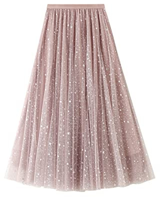 Femiserah Women's Long Rainbow A Line Tulle Tutu Skirts Tiered Skirt Petticoat（One Size, Sequins Pink