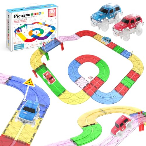 PicassoTiles Juego de 30 Piezas de Bloques de construcción de Carreras, para Coche, Kit de construcción de Aprendizaje de Mano y Ojo, coordinación de Habilidades motoras Finas..
