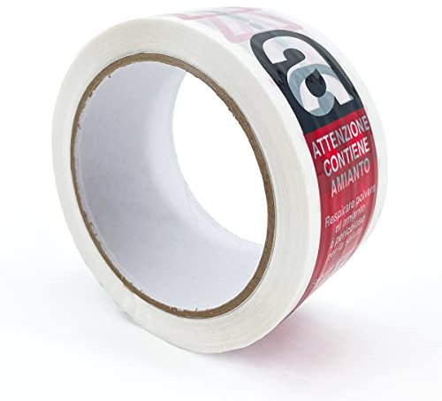 IMBALLAGGI 2000 - Nastro Adesivo Pacchi Bianco + Scritta Pericolo Amianto in Polipropilene, 1Pz 5cm x 66mt x 76 mm, Nastro Imballaggio per Spedizioni e Smaltimento Forte Durevole a Strappo Silenzioso