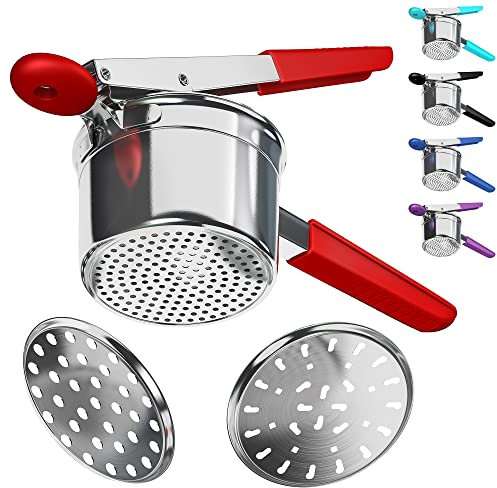 Potato Ricer Stainless Steel with 3 Interchangeable Fineness Discs, Ricer Kitchen Tool for Mashed Potatoes, Cauliflower Rice Maker Masher, Gnocchi Potatoe Spaetzle Press Patoto Masher (Red)
