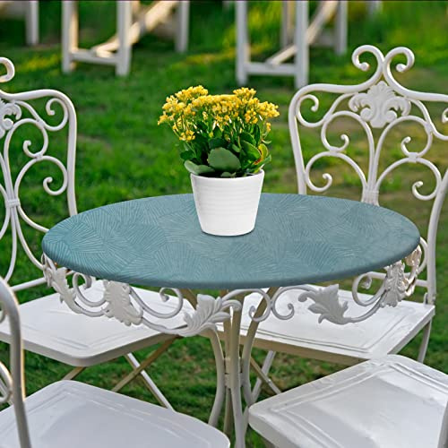 Nappe ronde en vinyle à bords élastiques – Nappe en plastique imperméable et facile à nettoyer pour intérieur ou extérieur, terrasse, motif plante (vert foncé, 60 cm de diamètre)