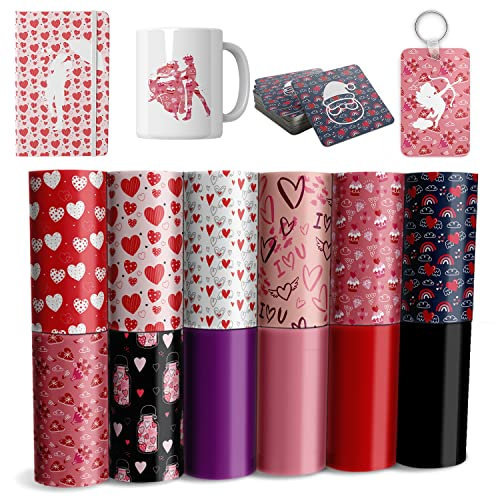Lot de 12 feuilles de transfert de Saint-Valentin, papier de sublimation pré-imprimé pour presse à chaud, T-shirts, dessous de verre 11,4 x 30,5 cm