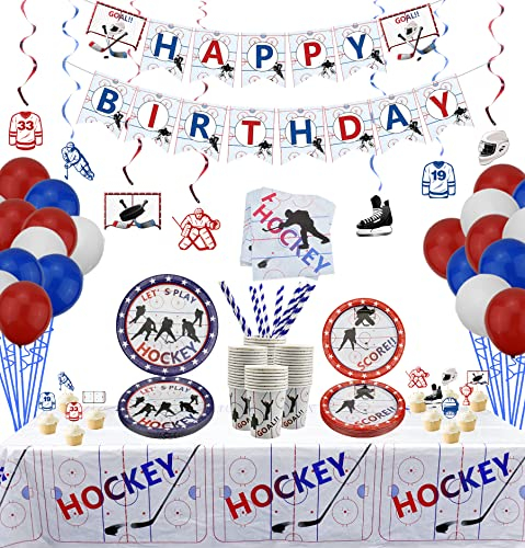 Hockey-Party-Zubehör – Eishockey-Motto-Party-Pack für Kinder, Hockey-Fans, Geburtstag, Spieltag – einschließlich Teller, Becher, Servietten, Tischdecke, Banner, für 20 Personen (B)