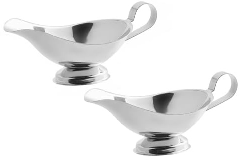 Soro Essentials- 8 oz. Stainless Steel Gravy Sauce Boat Gadroon Base with Loop Handle Set of 2- Restaurant Gravy Boat Dripless Lip Spout Serving Dish Gravy Bowl for Sauces Gravy Salad Dressings Milk