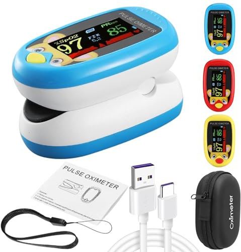 Pediatric Pulse Oximeter Heart Rate Stats Monitor Kids Finger Blood Oxygen Saturation Monitoring NHS Children SpO2 Levels Detection TFT Lanyard & USB (Blue Kids Pulse Oximeter)