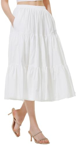 BEAUTELICATE Jupe À Étages en Pur Coton avec Dentelle Évasée A-Ligne Trapèze Boho Bohème Midi Maxi pour Femme Été Ville Potager Plage Blanc Cassé Noir