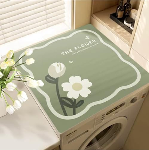 Housse De Protection Pour Machine À Laver Top 60X60Cm Fleurs Vertes Tapis De Protection Antidérapant Pour Seche Linge, Dessus Imperméable Tapis Lave Linge Pour Cuisine Maison Salles De Bains