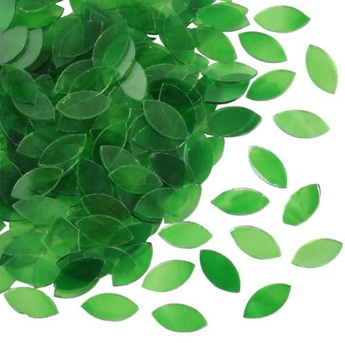 SOFPLATE 1 Box 360Pcs Green Mosaic Glass Pieces Craft Glass Mosaic Tiles 8 x 15mm Transparency Stained Leaf Flower Petal Tile Cabochons for Handmade Arts Crafts Home Garden Project DIY Decoration