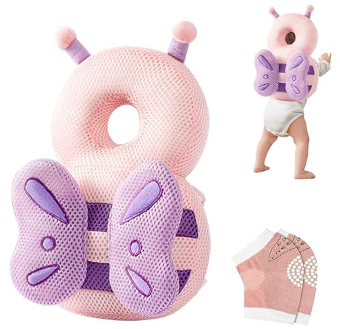 Furforstk protezione testa bambino con ginocchiere caschetto primi passi Traspirante casco neonato primi passi per gattonare e camminare, Regolabile (Farfalla) Il bambino non resiste