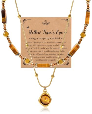 JSDDE Colliers pour Femmes en Oeil de Tigre Pierre Naturelle Colliers Empilables Ras de Cou Perles en Pierre et Cristal et Collier Pendentif Doré Balle Oeil de Tigre Bijoux Fantaisie pour Fille Copine
