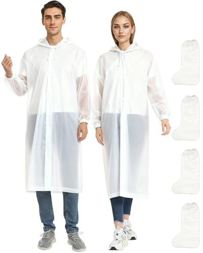 FitDA 2 Pièces Poncho Pluie Imperméable Réutilisable Cape Adulte Homme et Femme Coupe Vent Transparent EVA avec Capuche et 2 Paires Couvre Chaussures pour Festival Camping Vélo Randonée