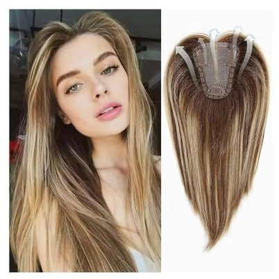 Toupet da donna in capelli umani Remy da 12 pollici, topper con riflessi biondo marrone, 100% legato a mano con base in pizzo svizzero aggiunge volume ai capelli