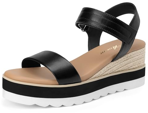 Athlefit Espadrille Wedge Sandals for Women, Open Toe Ankle Strap Low Wedge Heel Platform Sandals for Summer, Black Size 8.5, SAPS2617W