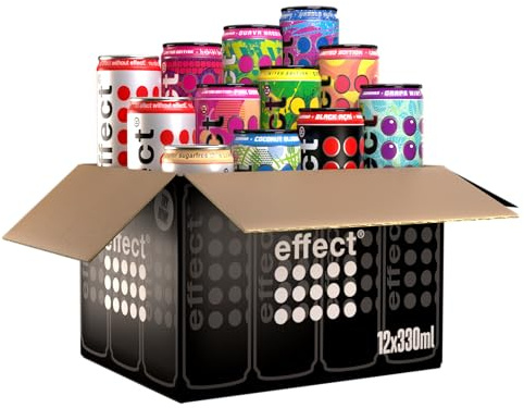 effect Probierpaket Energy Drink – 12 x 330 ml Dosen Einweg – alle Sorten in einer Box – koffeinhaltiges Erfrischungsgetränk mit B-Vitaminen – fruchtig & vegan