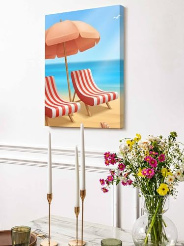 Summer Beach Loungers Blue Sky Canvas Wall Art,Vertical Wall Art Paintings Ready to Hang, Seaside Sea Star Shells Artwork Decor for Living Room Bathroom Bedroom,24x36In