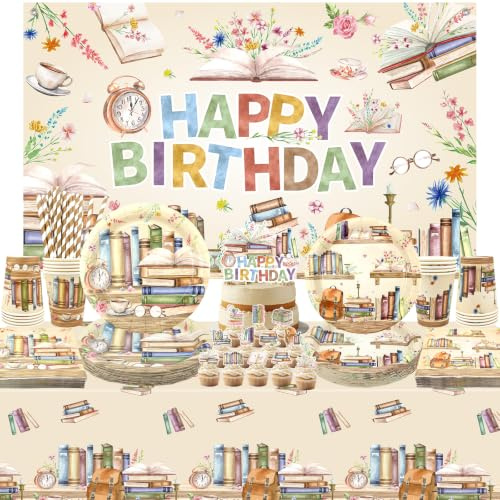 Book Party Decorations, Includes Happy Birthday Banners, Plates, Tablecloth, Cups, Straws,for Library Reading Storybook Party Supplies Serves 20 Guests