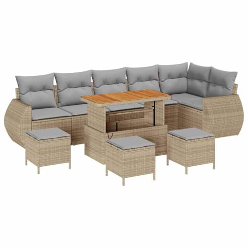 Qnhdfrt Set di mobili da giardino da 10 pezzi in polyrattan e legno di acacia, gruppo lounge modulare per terrazza, divano da giardino beige con tavolo regolabile, gruppo di sedute per 9 persone
