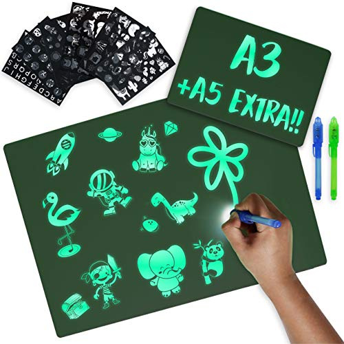 Tablette Lumineuse Enfant A3 et A5, 6 Pochoirs et 2 Stylo Espion - BONNYCO | Jouet Fille Garcon 3 4 5 6 7 8 9 10 Ans | Ardoise Magique, Jeux Cadeaux Enfants | Tableau Magique pour Anniversaire, Noël