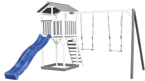 AXI Beach Tower Wooden Play Tower in Grey and White | Play tower with sandpit, Double Swing Set and blue slide | Play house on stilts for the garden