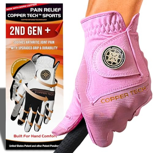 Copper Tech Plus Ladies Golf Gloves Women (2nd Gen) | Copper Compression Joint Support with Flexible & Comfortable Fit | Tacky Silicone Pad (Pink/Pink, Medium-Large, Left)