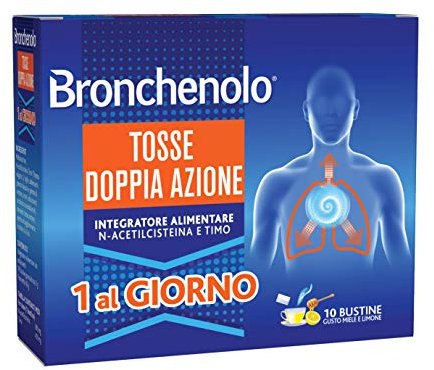 BRONCHENOLO Tosse Doppia Azione - Integratore alimentare - Per tosse secca e grassa - Efficace per 24 ore - Gusto miele e limone - 10 Bustine