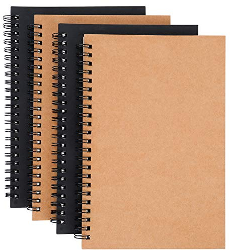 ISIYINER Blocco Note, A5 Sketchbook Blocco Note a Spirale in Bianco Carta Kraft Quaderno Schizzi Pagine Bianche 100 Pagine / 50 Fogli per i Viaggi Scuola Ufficio 4 Pezzi (Marrone e Nero)