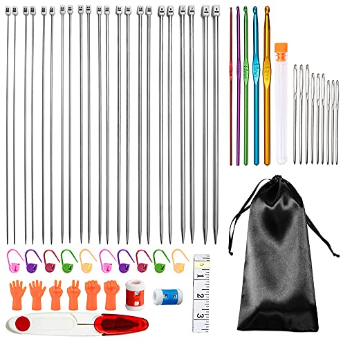 Gativs Agujas de Tejer 58 piezas Kit de Ganchillo de Punto Agujas de Tejer de Acero Inoxidable Agujas Crochet Kit de tejer Agujas Tejer Kit de Ganchillos Accesorios Agujas de Tejer