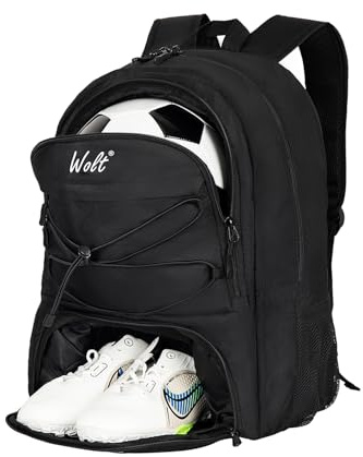 WOLT Soccer Backpack Soccer Bag with Ball Holder & Shoes Compartment, Sport Equipment Bags For Football, Basketball, Volleyball, Gym (Black)