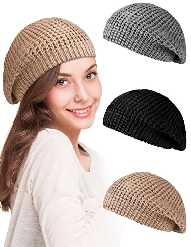 Newcotte 3 Pcs Soft Slouchy Crochet Beret Chic Cutout Beret Hats for Women Lightweight Knit Beanie Caps for Women(Black, Gray, Khaki)