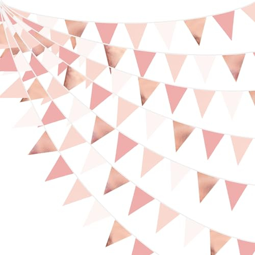 32Fuß Rosa Roségold Wimpelkette Banner Partydekoration Stoff Dreieckig Flagge Wimpel Girlande Luftschlangen für Geburtstag Hochzeit Baby Brautparty Jahrestag Outdoor Garten Hängedekoration