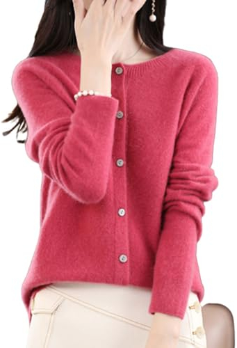 TeysHa Kaschmir-Cardigan für Damen, Wollpullover mit Rundhalsausschnitt, Knopfleiste und Langen Ärmeln (Raspberry red,Large)