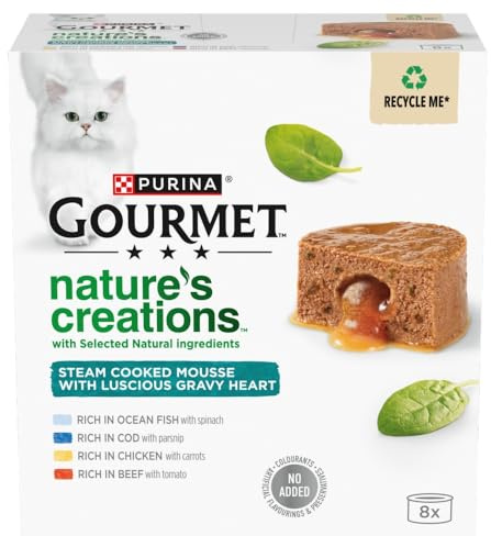 GOURMET Nature's Creations Mousse with Gravy Heart, Rich in Chicken with Carrots, Rich in Beef with Tomato, Rich in Ocean Fish with Spinach, Rich in Cod with Parsnip, Wet Cat Food, 8x85g