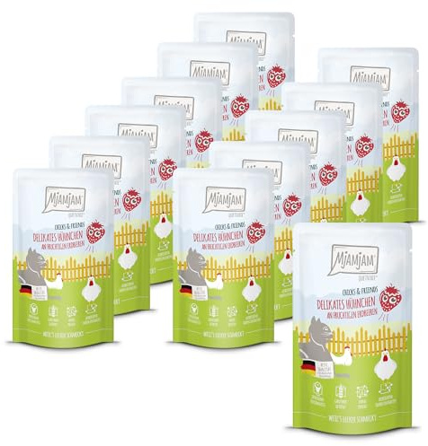 MjAMjAM - Premium Nourriture Humide pour Chats - Quetschie - Chicks & Friends Poulet délicat aux Fraises fruitées, Paquet de 12 (12 x 125g), sans céréales