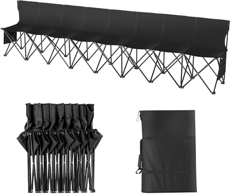 VEVOR Portable Folding Bench, 8 Seats Foldable Sideline Bench, Outdoor Camping Bench Chair with Carry Bag & Backrest, Team Sport Sideline Bench for Football Fishing, No Assembly Instant Seating, Black