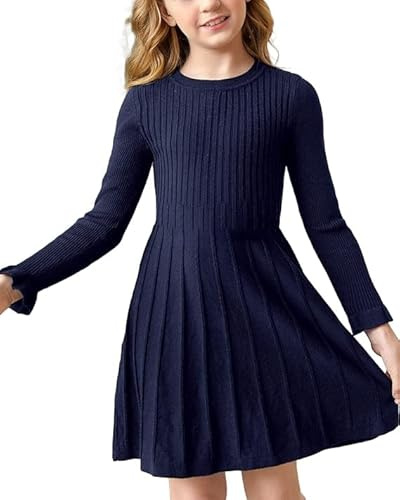 Haloumoning Abito da ragazza, a maniche lunghe, linea ad A, caldo, per la scuola, l'autunno, l'inverno, tinta unita, per il tempo libero, per feste, Blu scuro, 140 cm