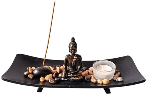 ZEN&TAO Set di incenso e portacandele in stile giardino zen giapponese, vassoio nero con statua di Buddha, porta incenso, portacandele e tombe naturali