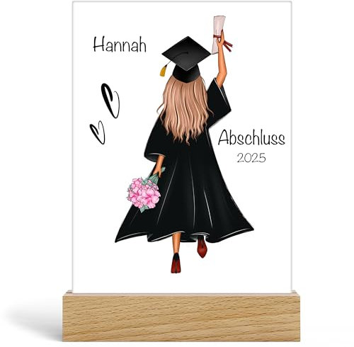 Kiddle-Design Bachelor Master Abitur 2025 Abschluss Geschenk Personalisiert mit Name Absolventin Doktor Glückwunsch Abi, Acrylglas inkl. Holzfuß 20x13cm
