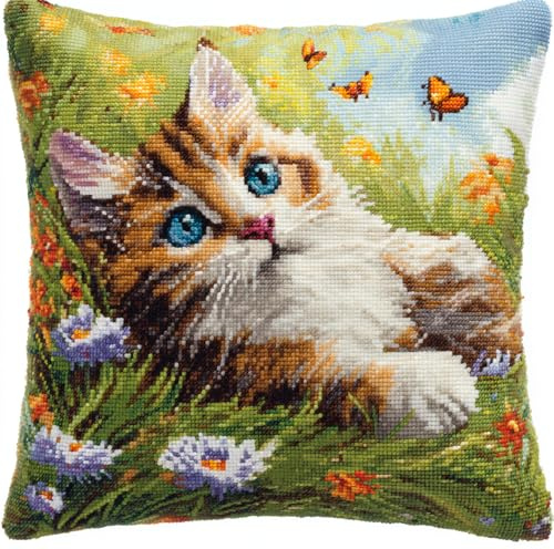 Kit De Cojín Con Gancho De Pestillo Kits De Costura De Fundas De Almohada Con Gato Y Gato Mariposa Tumbados Sobre Las Flores 43X43 Cm Kits De Hilo De Ganchillo Para Bricolaje Kits De Punto D