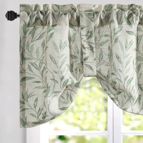 VOGOL Tie Up Adjustable Kitchen Valance, Green Leaves,52×18, 1 Panel | Rod Pocket Easy to Install, Farmhosue Botanical Print, Easy Care Cafe Curtain Valance，for Bedroom Living Room Cafe Windows