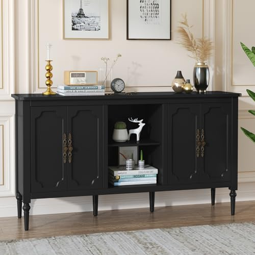 HOLTICO Kommode mit 4 Türen und Offenes Schrank, Vintage Akzent Sideboard Buffet Schrank Holz, Schwarz Kommoden & Sideboards für Wohnzimmer, Esszimmer, Küche