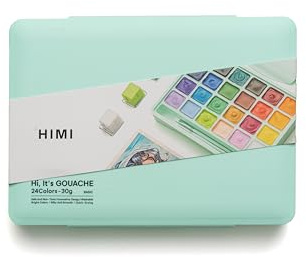 HIMI Jelly Cup Gouache Set 24 Paint Colours, 3 Brushes, Paint Pallete, Green Case, Add Water to Reactivate, Smooth, Rich Colours, Gift, Artist Art Supplies, Large Scale Art Work to Fine Details