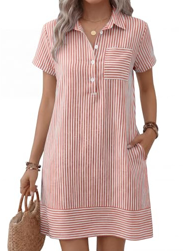 ANRABESS Womens Summer Shirt Dresses Casual Short Sleeve Button Tshirt Shift Short Polo Dress 2026 Beach Vacation Clothes Red White Stripe Small