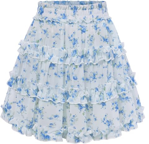 SCARLET DARKNESS Minigonna da donna estiva floreale con orlo arricciato gonne in chiffon elastico in vita, floreale blu, L