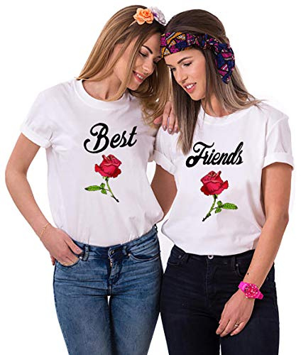 Best Friends, t-shirt per 2 ragazze, con rosa BFF, maglietta estiva, in cotone bianco BEST-M+FRIEND-M